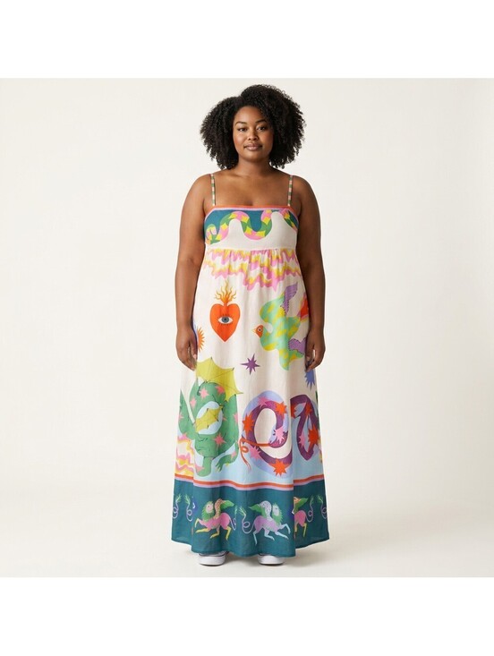 Dresses & Skirts - Unbranded Dress Women XL White Graphic Print Maxi Long Sleeveless Square Neck